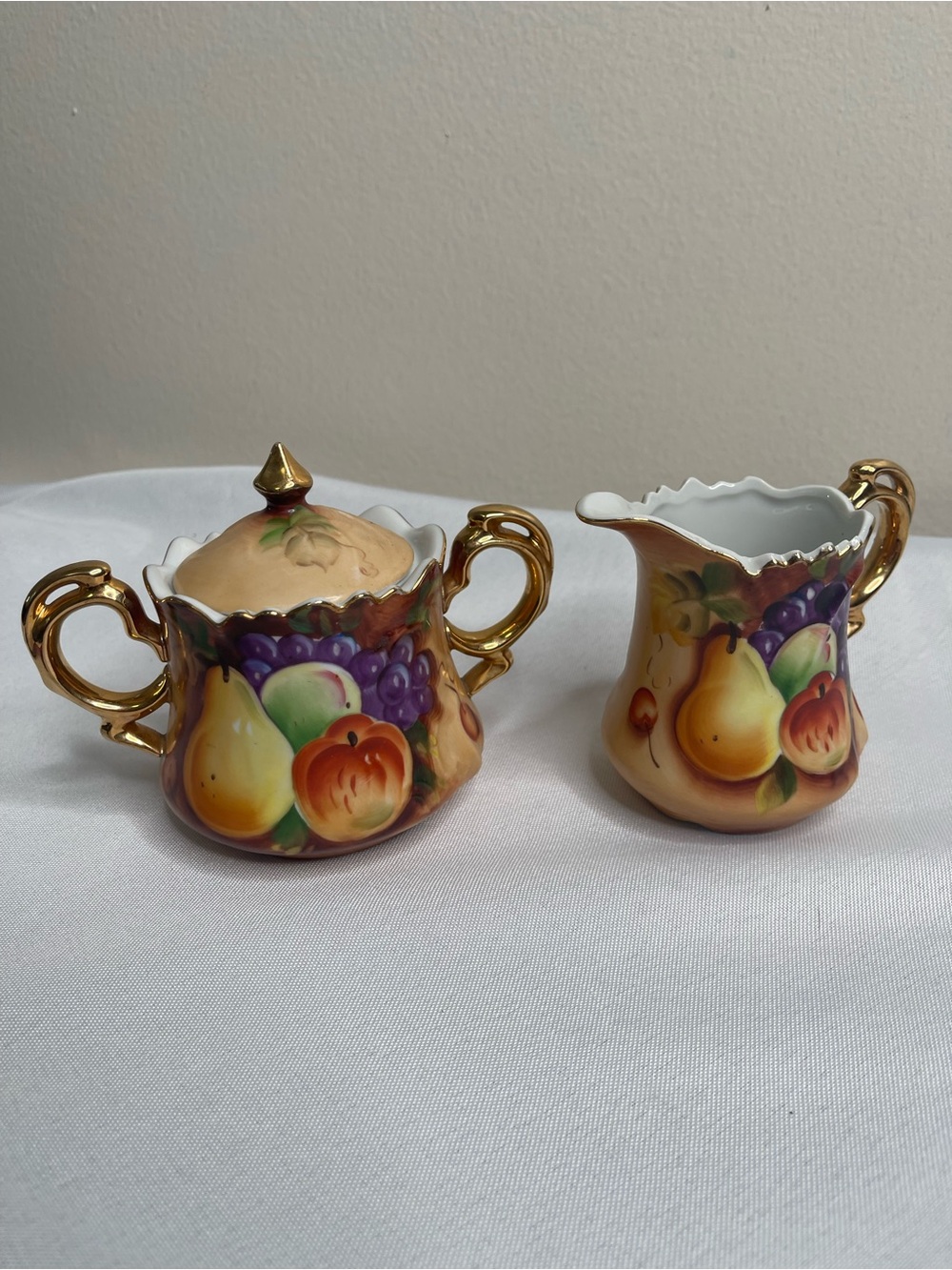 Vintage 1950’s Lefton Hand-Painted Fruit Porcelain Creamer and Sugar Set